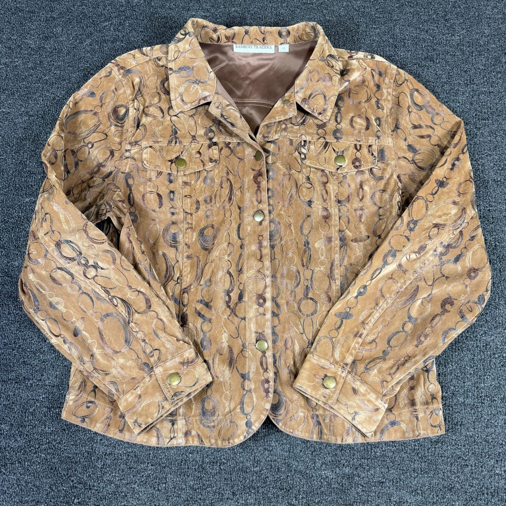 Bamboo Traders Womens XL Tan Metallic Geometric Chain Print Button Front Jacket